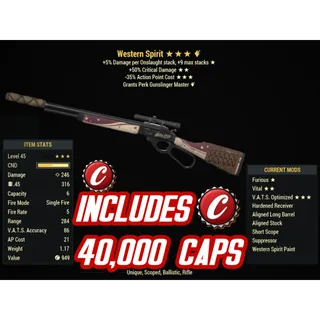 F5035 Wester Spirit + 40,000 CAPS + 10K Ammo ( Furious / +50% critical damage / -35% action point cost)
