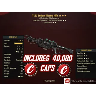 TSE3C Enclave Plasma ( Two shot / explosive / +3 charisma ) + 40,000 caps + 25,000 Plasma cartbridge 