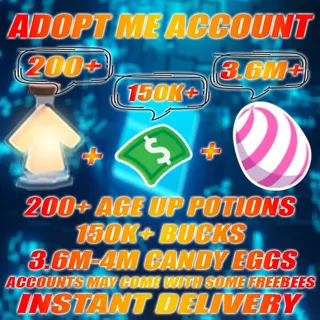 3.6M-4M CANDY EGGS + 200+ Age Up potions + 150k+ Bucks Adopt me Account