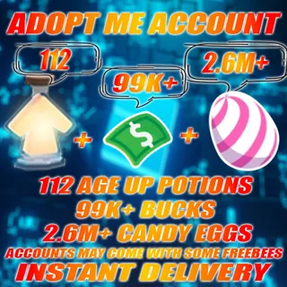 2.6M+ CANDY EGGS + 112 Age Up potions + 99K+ Bucks Adopt me Account