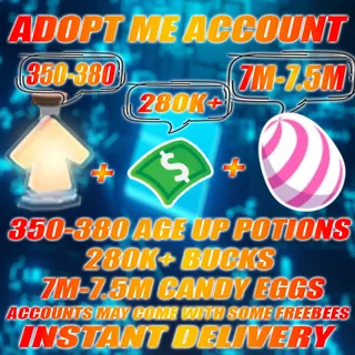 7M-7.5M CANDY EGGS + 350-380 Age Up potions + 280k+ Bucks Adopt me Account