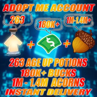263 Age Up potions + 180K+ Bucks + 1MILLION - 1.4 MILLION  ACORNS  Adopt me Account (ALL IN ONE ACCOUNT)