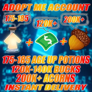 175 - 185 Age Up potions + 120K+ Bucks + 200K+ ACORNS  Adopt me Account (ALL IN ONE ACCOUNT)