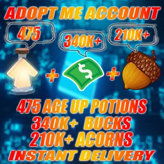 475 Age Up potions + 340K+ Bucks + 210K+ ACORNS  Adopt me Account (ALL IN ONE ACCOUNT)