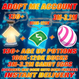 4X 3M-3.2M CANDY EGGS + 130+ Age Up potions + 100K-120K Bucks Adopt me Account + 4 dragonfruit fox