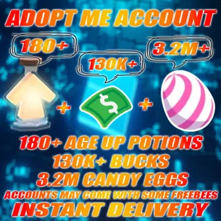 3.2M+ CANDY EGGS + 180+ Age Up potions + 130k+ Bucks Adopt me Account