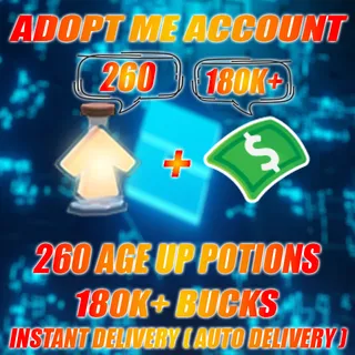 260 Age Up potions + 180K Bucks  Adopt me Account (ALL IN 1 ACCOUNTS)