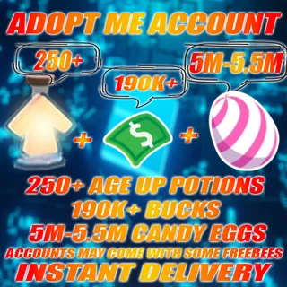 5M-5.5M CANDY EGGS + 250+ Age Up potions + 190K+ Bucks Adopt me Account