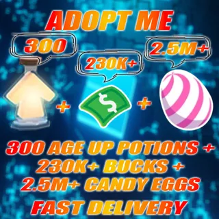 2.5M+ CANDY EGGS + 300 Age Up potions + 230k+ Bucks Adopt me Account