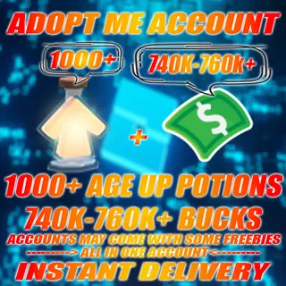 1000+ Age Up potions + 740K-760K+ Bucks Adopt me Account (ALL IN ONE ACCOUNT)