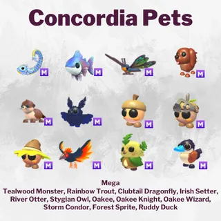 Mega Tealwood Monster, Rainbow Trout, Clubtail Dragonfly, Irish Setter, River Otter, Stygian Owl