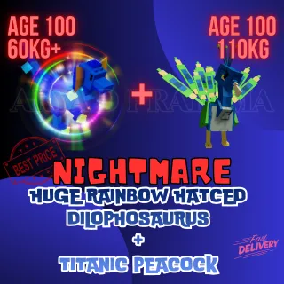 TITANIC PEACOCK 80KG + HUGE RAINBOW HATCHED DILOPHOSAURUS 60KG