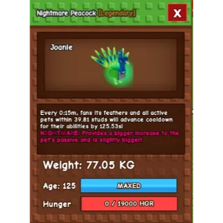 15 sec Nightmare Peacock (77.05kg)