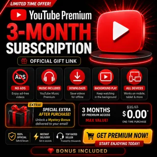YouTube Premium 3 Months Subscription | Official Link | Ad-Free + Music