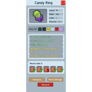 Candy ring 7% honey at hive + 1% honey per goo