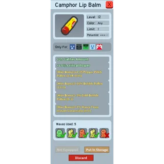 Camphor lipbalm 1.05x + 16 bubble + 2 gold bubble + 1 honey from instant conversion