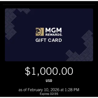 MGM e-gift card $1000.00 USD 