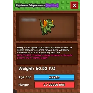 Huge Nightmare Dilophosaurus 60 KG+ Grow A Garden