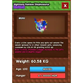 Nightmare Rainbow Dilophosaurus 60 kg+ Grow A Garden