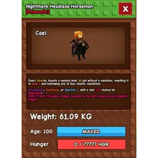 Huge Nightmare Headless Horseman 60/61KG+ Grow A Garden max 12% Ability without any Toy