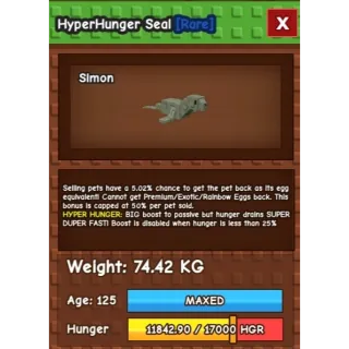 Huge Hyper Hunger Seal age 125  74/75kg+ Grow A Garden
