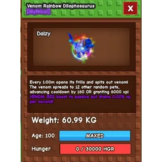 Venom Rainbow Dilophosaurus 60/61 kg+ Grow A Garden