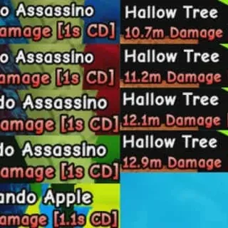 4x HALLOW TREE 10M- 12M DMG, 4x AVOCADO ASSASSINO 4M-9M DMG, 1x COMMANDO APPLE 10M DMG