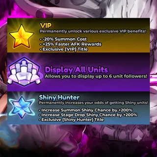 Anime Expeditions - all gamepasses ( VIP + Display all units + Shiny hunter )