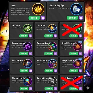 Anime Warriors III - All GamePasses + VIP + Extra Equip (Except lucky and fast travel)