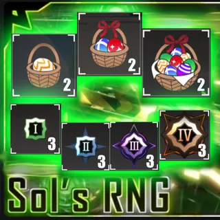 Sol's RNG - 2026 egg basket (vol1) x2 + (vol2) x2 + (vol3) x2 + (alpha) x3 + (Beta) x3 + (Gamma) x3 + (delta) x3