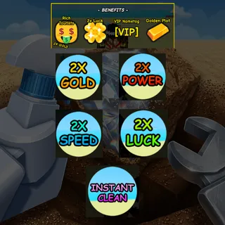 Dig & Clean - all game passes ( 2x Gold + 2x Dig power + 2x Walk speed + 2x Luck + instant Clean ) + VIP