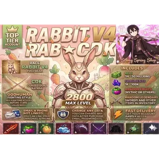 Blox Fruits Account Lvl 2800 : Race RABBIT / MINK V4 Full Gear + Godhuman + Cursed Dual Katana + Random Fruits and Items