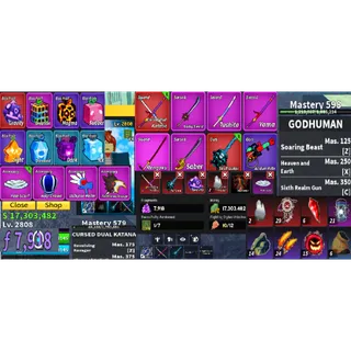 #049 Blox Fruits Account Lvl 2800 : Ghoul V4 Full Gear + Godhuman + Cursed Dual Katana , Skull Guitar . 17M Beli ,7k Fragment