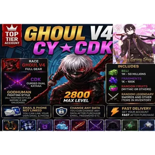 Blox Fruits Account Lvl 2800 : Race GHOUL V4 Full Gear + Godhuman + Cursed Dual Katana + Random Fruits and Items