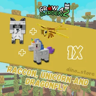 Raccoon + Gold dragonfly + Unicorn- grow a garden 2