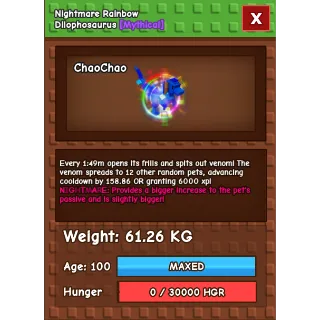 😈NIGHTMARE HUGE 🌈HATCHED DILOPHOSAURUS ‼️61.26 KG (6000 XP) | Fast Delivery and Great Size‼️ | 