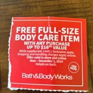 bath and body works free body care item up to $16.95 online