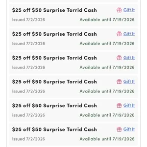 Torrid cash 8x $25 off $50 