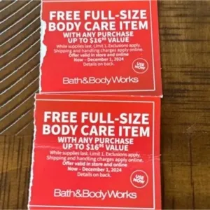 Bath and body works free body care up to $16.95 x2 codes ONLINE