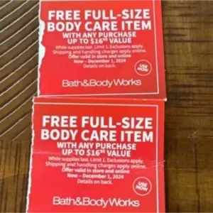 Bath and body works free body care up to $16.95 x2 online codes 