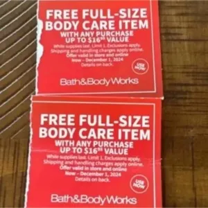 Bath and body works free body care item up to $16.95 x2 online codes