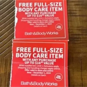 Bath and body works free body care item up to $16.95 x2 online codes