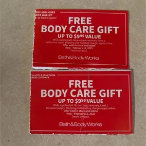 Bath and body works free body care $9.95 x2 online codes