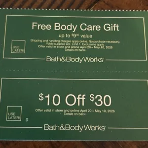 X10 bath and body works free body care + 10 off 30
