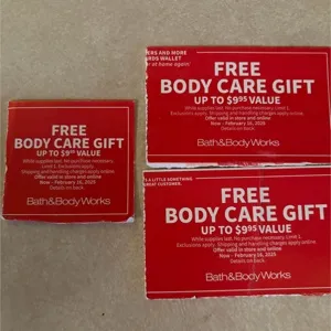 Bath and body works free body care up to $9.95 x3 online codes 