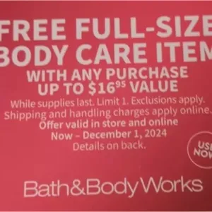 Bath and body works free full size body care item online code 