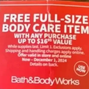 Bath and body Works free body care item up to $16.95 online code