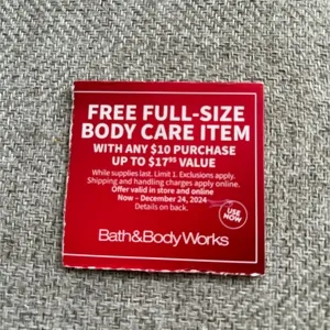 Bath and body works free body care item up to $17.95 online only