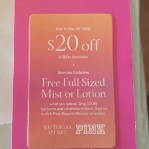 Victoria secret pink 20 off 50 + free mist or lotion 