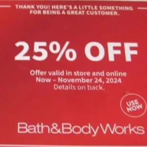 Bath and body works 25% off ONLINE ONLY